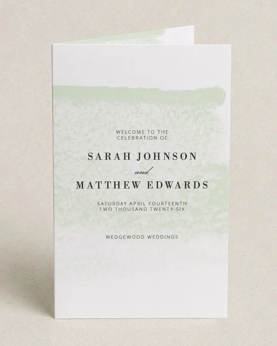 This is a 5" x 7⅞" Folded Half-fold Wedding Program called Tranquil Twinkle printed in full color on Premium Smooth paper