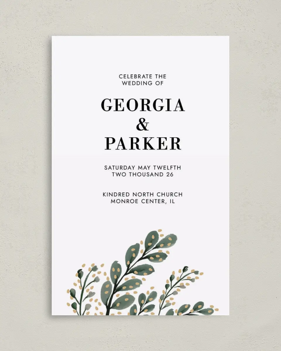 This is a 5" x 7⅞" Folded Half-fold Wedding Program called Gilded Laurels printed in full color on Premium Smooth paper