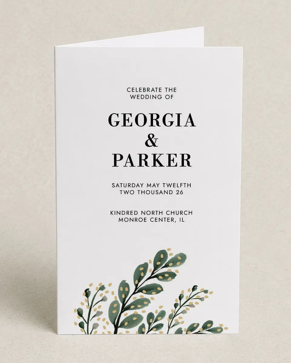 This is a 5" x 7⅞" Folded Half-fold Wedding Program called Gilded Laurels printed in full color on Premium Smooth paper
