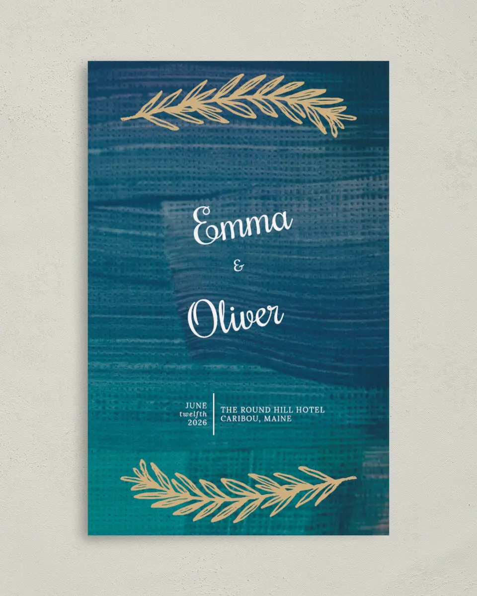 This is a 5" x 7⅞" Folded Half-fold Wedding Program called Shining Vines printed in full color with Gold foil on Luxe Satin (coated) paper