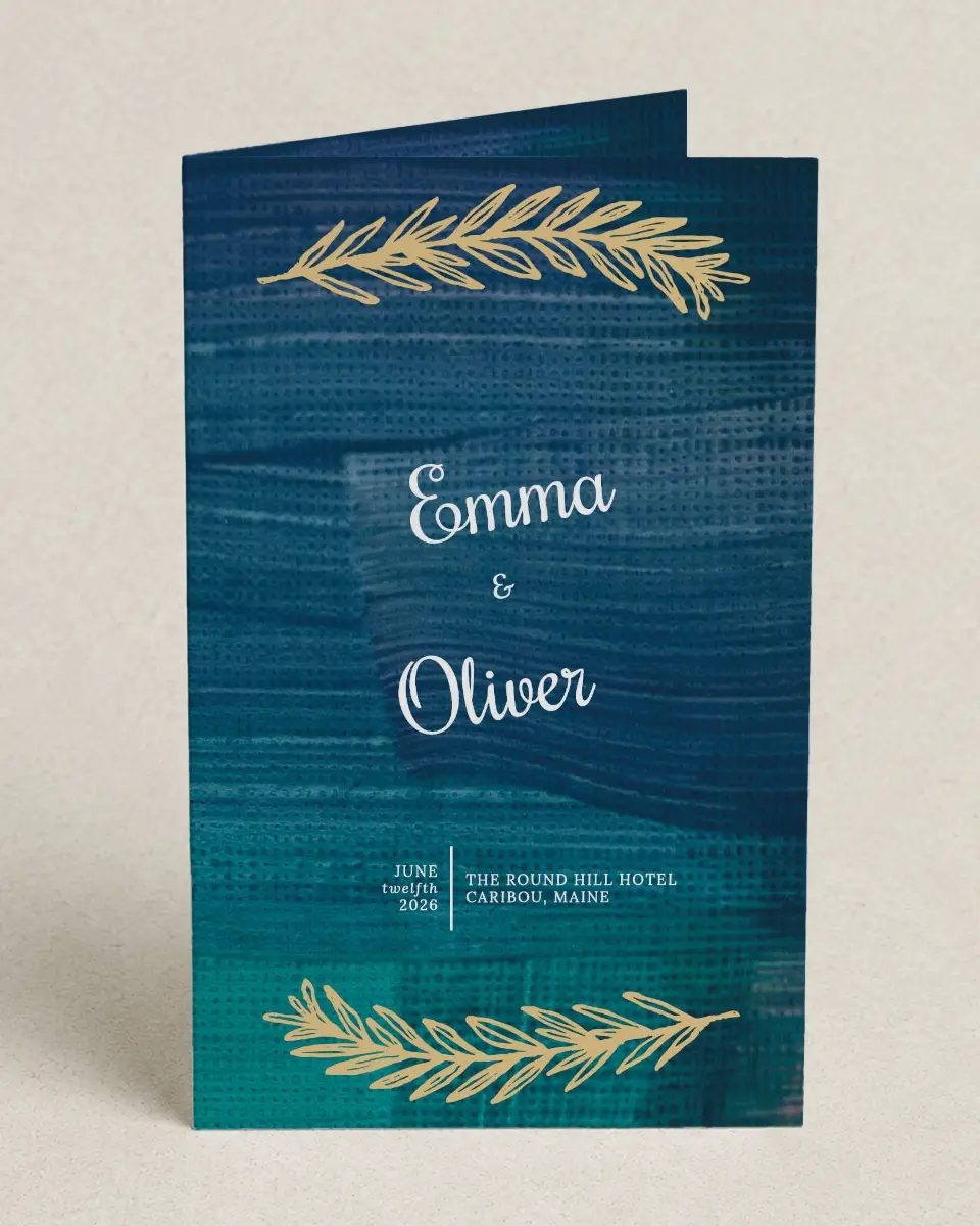 This is a 5" x 7⅞" Folded Half-fold Wedding Program called Shining Vines printed in full color on Premium Smooth paper