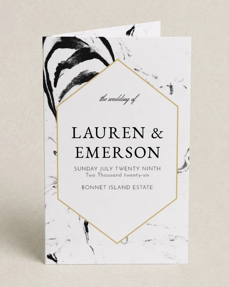This is a 5" x 7⅞" Folded Half-fold Wedding Program called Elegant Marble printed in full color on Premium Smooth paper