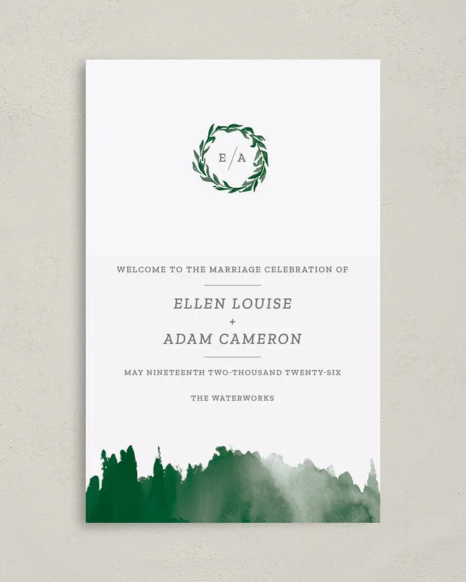 This is a 5" x 7⅞" Folded Half-fold Wedding Program called Watercolor Monogram printed in full color on Premium Smooth paper