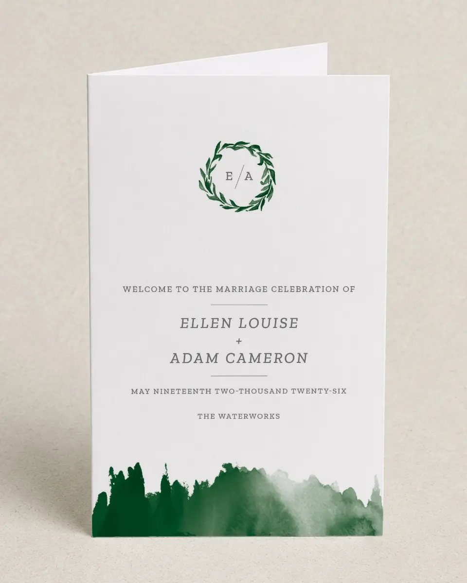 This is a 5" x 7⅞" Folded Half-fold Wedding Program called Watercolor Monogram printed in full color on Premium Smooth paper