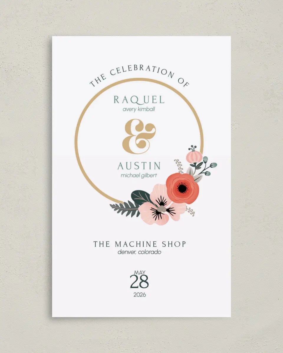 This is a 5" x 7⅞" Folded Half-fold Wedding Program called Modern Wreath printed in full color on Premium Smooth paper