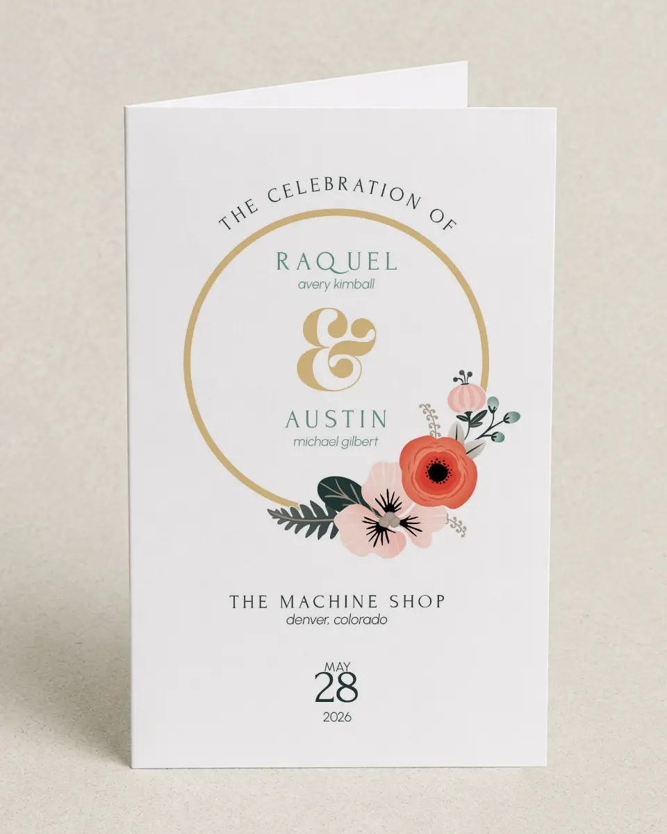 This is a 5" x 7⅞" Folded Half-fold Wedding Program called Modern Wreath printed in full color on Premium Smooth paper