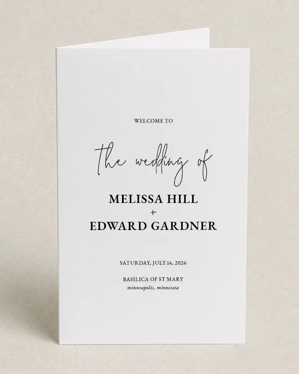 This is a 5" x 7⅞" Folded Half-fold Wedding Program called Sensibly Simple printed in full color on Premium Smooth paper
