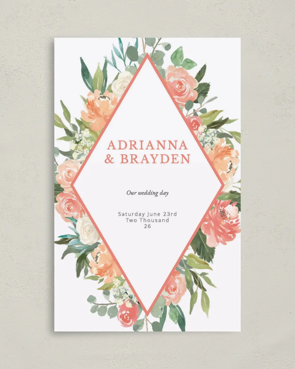 This is a 5" x 7⅞" Folded Half-fold Wedding Program called Diamond Garden printed in full color on Premium Smooth paper