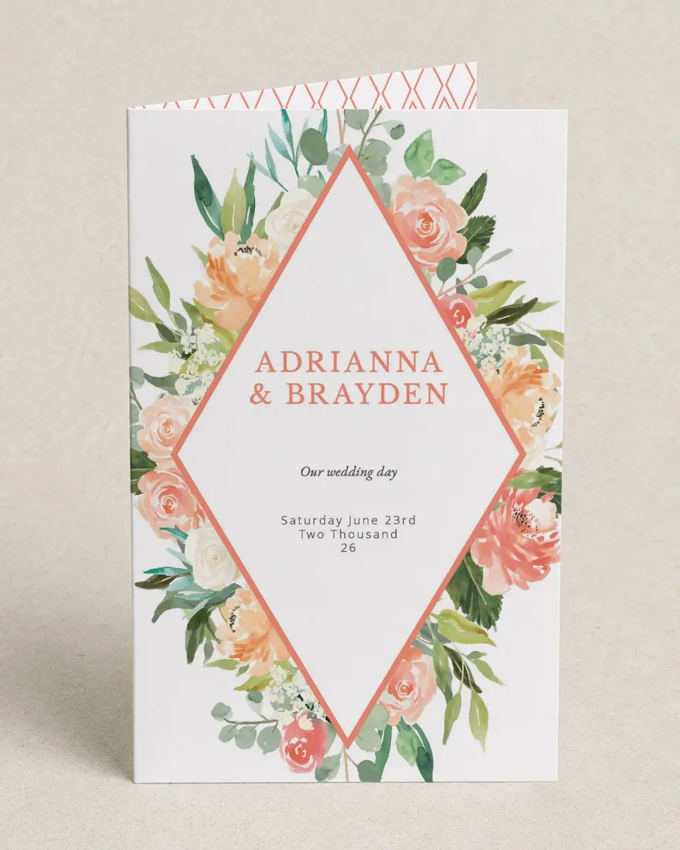 This is a 5" x 7⅞" Folded Half-fold Wedding Program called Diamond Garden printed in full color on Premium Smooth paper