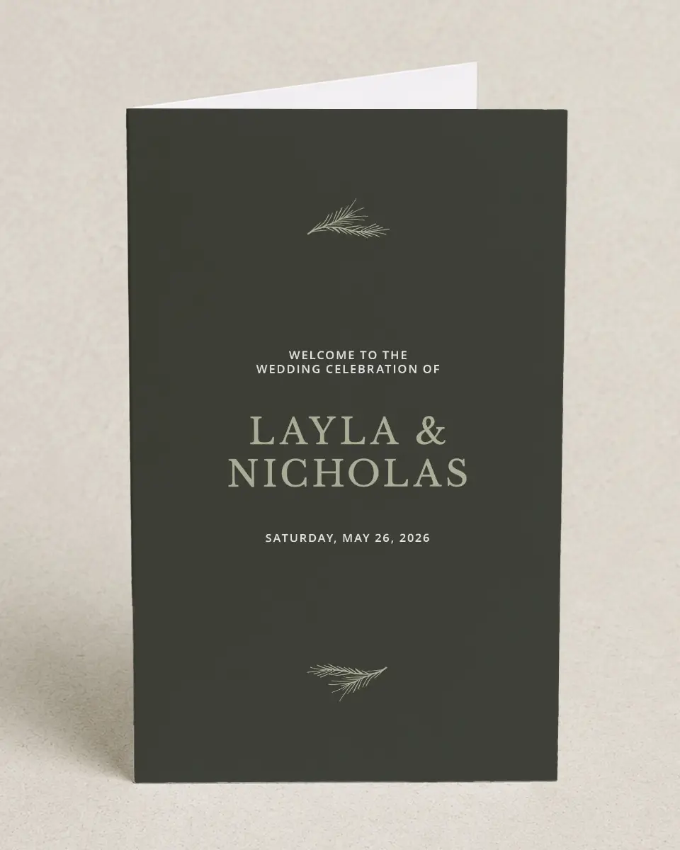 This is a 5" x 7⅞" Folded Half-fold Wedding Program called Greenery Crown printed in full color with Silver foil on Luxe Satin (coated) paper