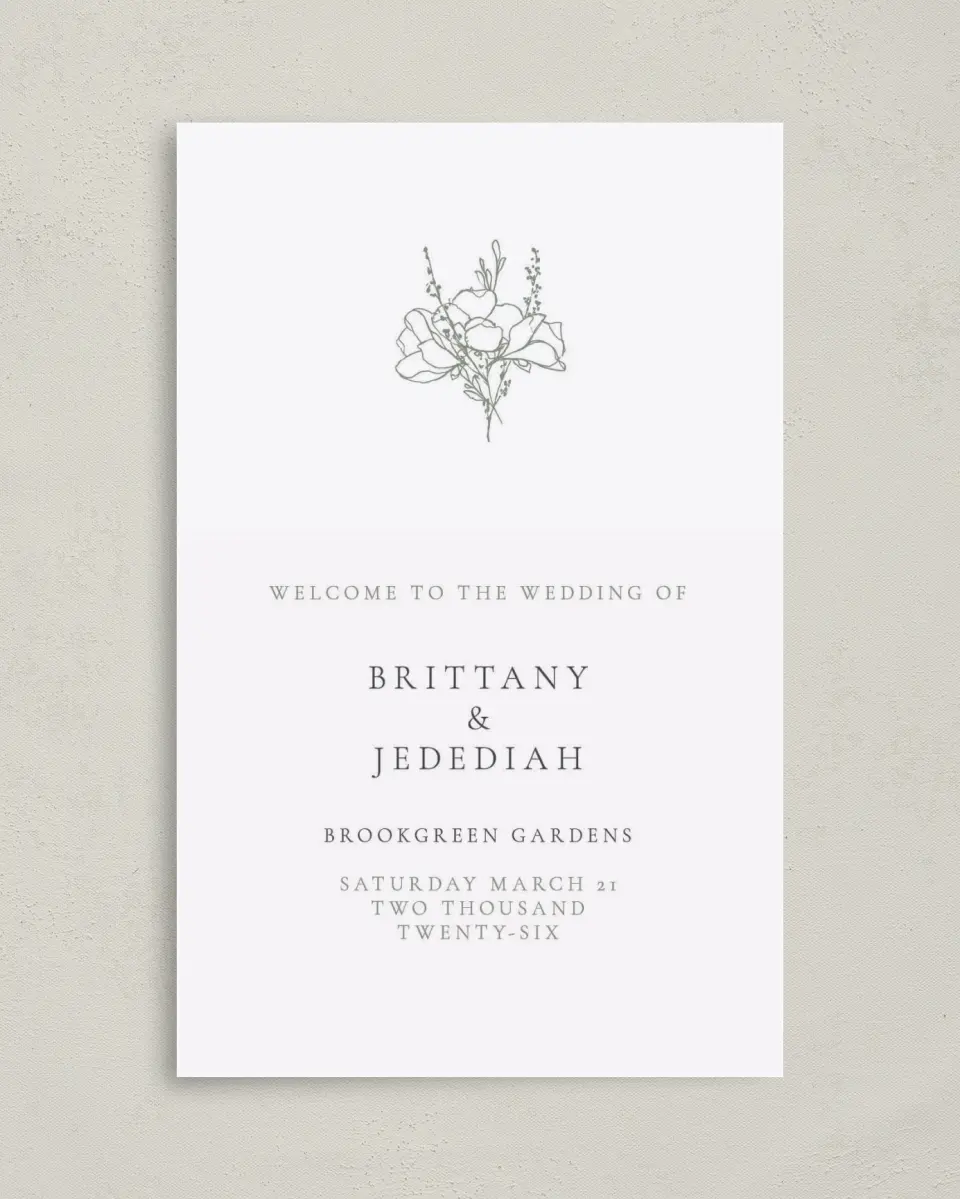 This is a 5" x 7⅞" Folded Half-fold Wedding Program called Poetic Bloom printed in full color on Premium Smooth paper