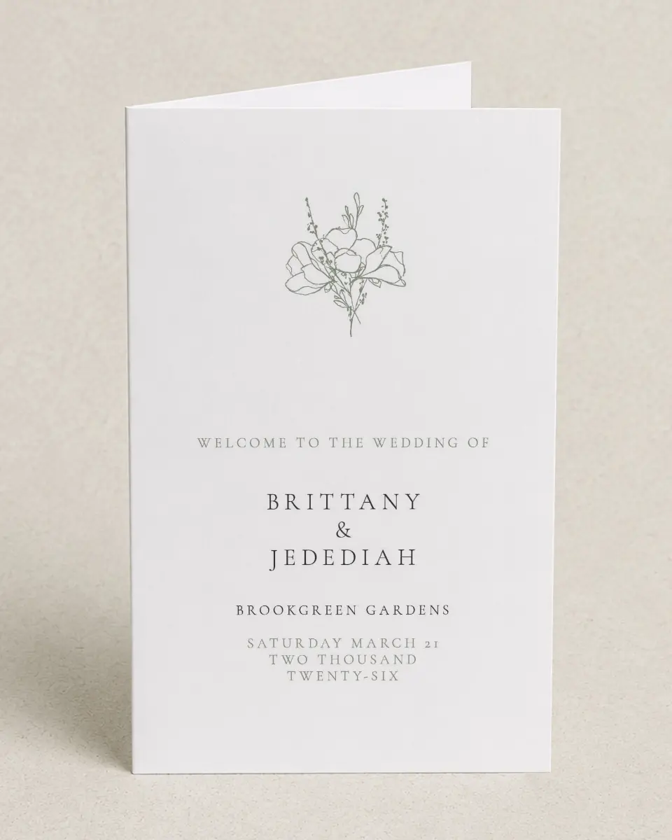 This is a 5" x 7⅞" Folded Half-fold Wedding Program called Poetic Bloom printed in full color with Rose Gold foil on Luxe Satin (coated) paper