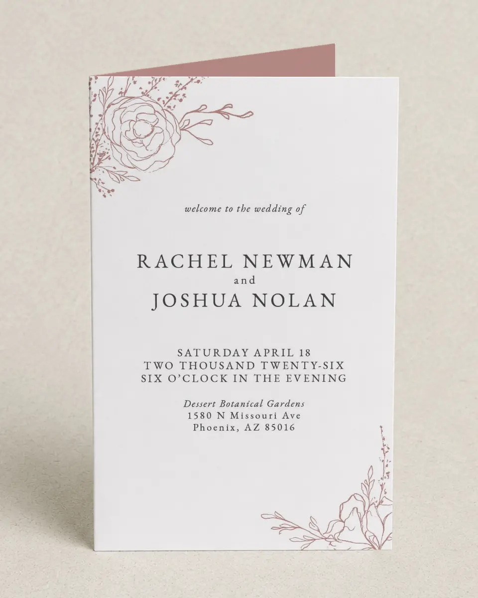 This is a 5" x 7⅞" Folded Half-fold Wedding Program called Blooming Rose printed in full color on Premium Smooth paper