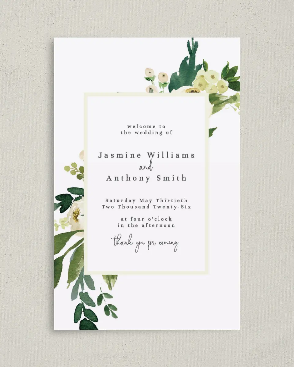This is a 5" x 7⅞" Folded Half-fold Wedding Program called Wedding Florals printed in full color with Rose Gold foil on Luxe Satin (coated) paper