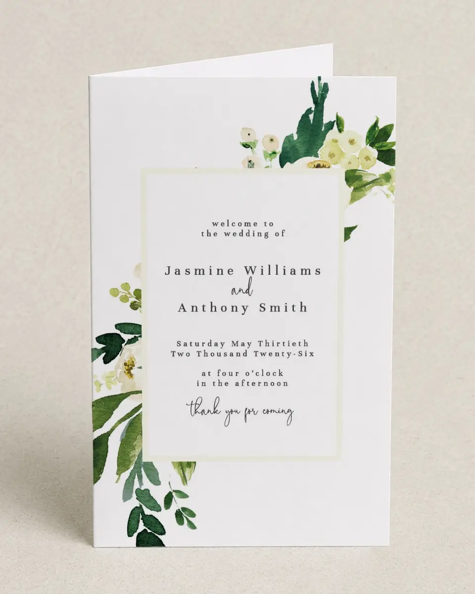 This is a 5" x 7⅞" Folded Half-fold Wedding Program called Wedding Florals printed in full color on Premium Smooth paper