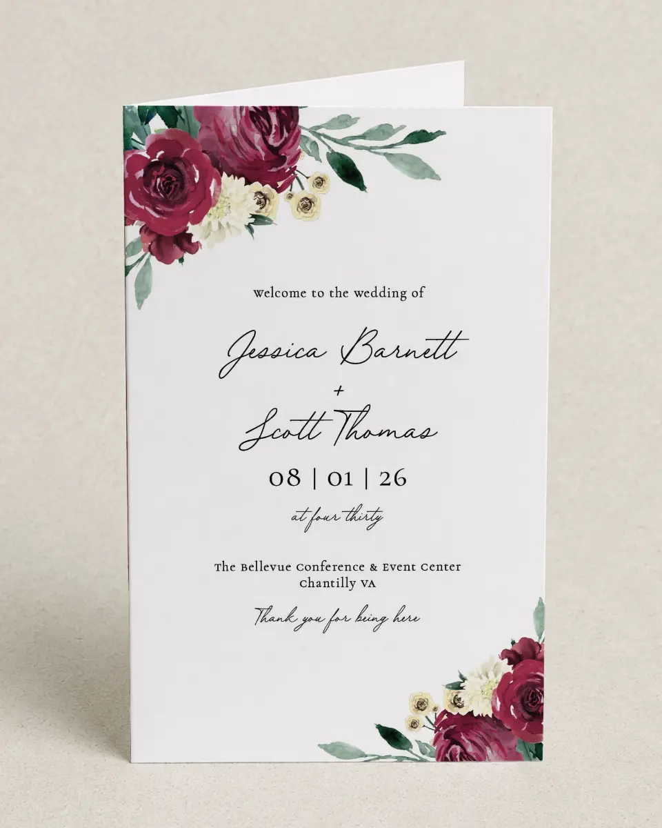 This is a 5" x 7⅞" Folded Half-fold Wedding Program called Floral Touch printed in full color on Premium Smooth paper