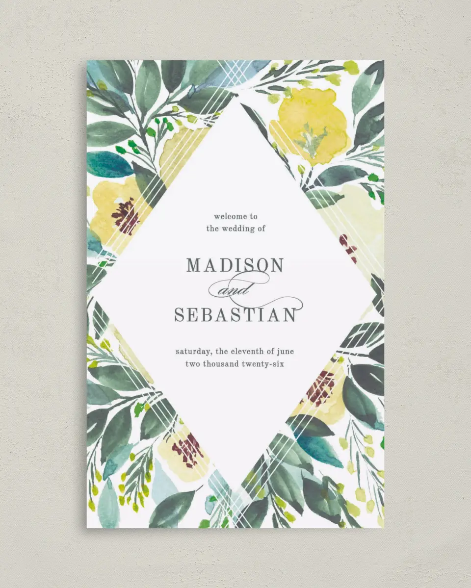 This is a 5" x 7⅞" Folded Half-fold Wedding Program called Bold Blooms printed in full color on Premium Smooth paper