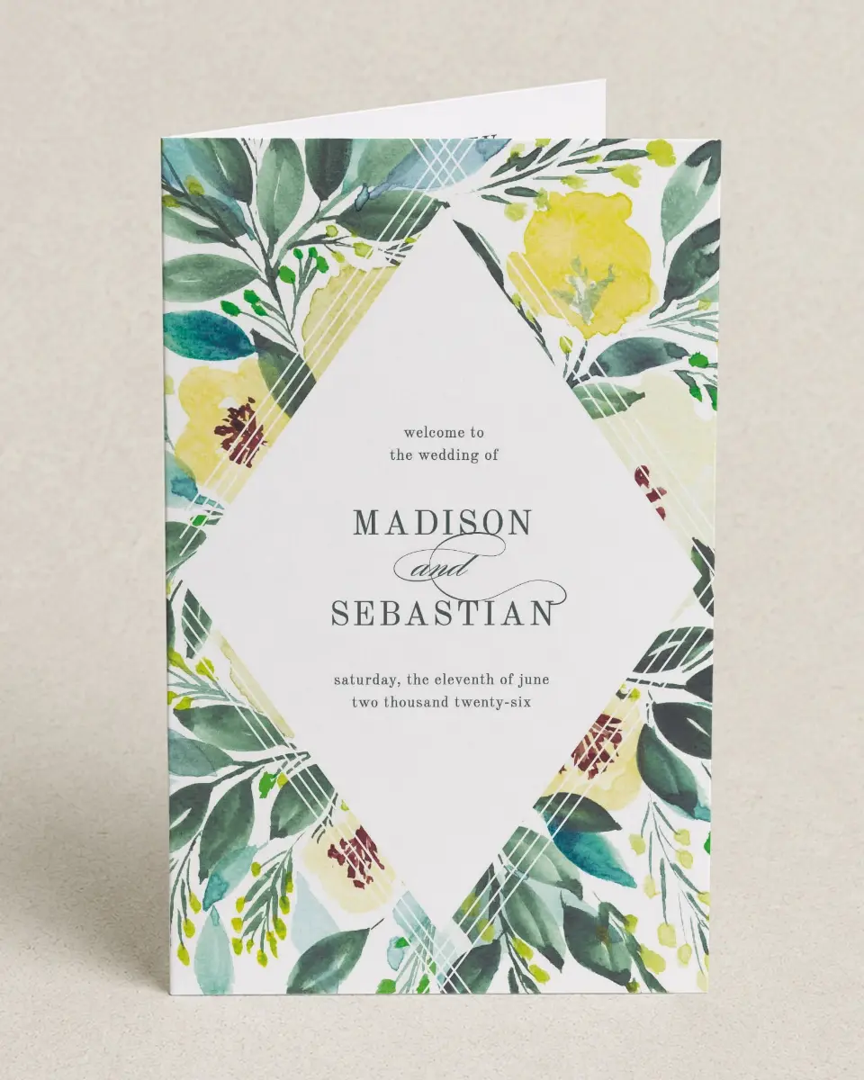 This is a 5" x 7⅞" Folded Half-fold Wedding Program called Bold Blooms printed in full color on Premium Smooth paper