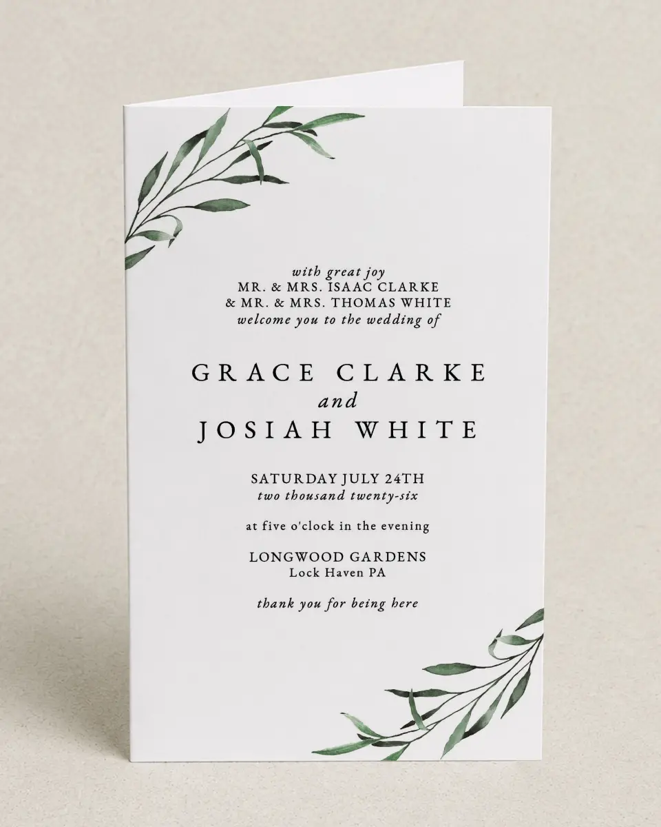 This is a 5" x 7⅞" Folded Half-fold Wedding Program called Tender Twig printed in full color on Premium Smooth paper
