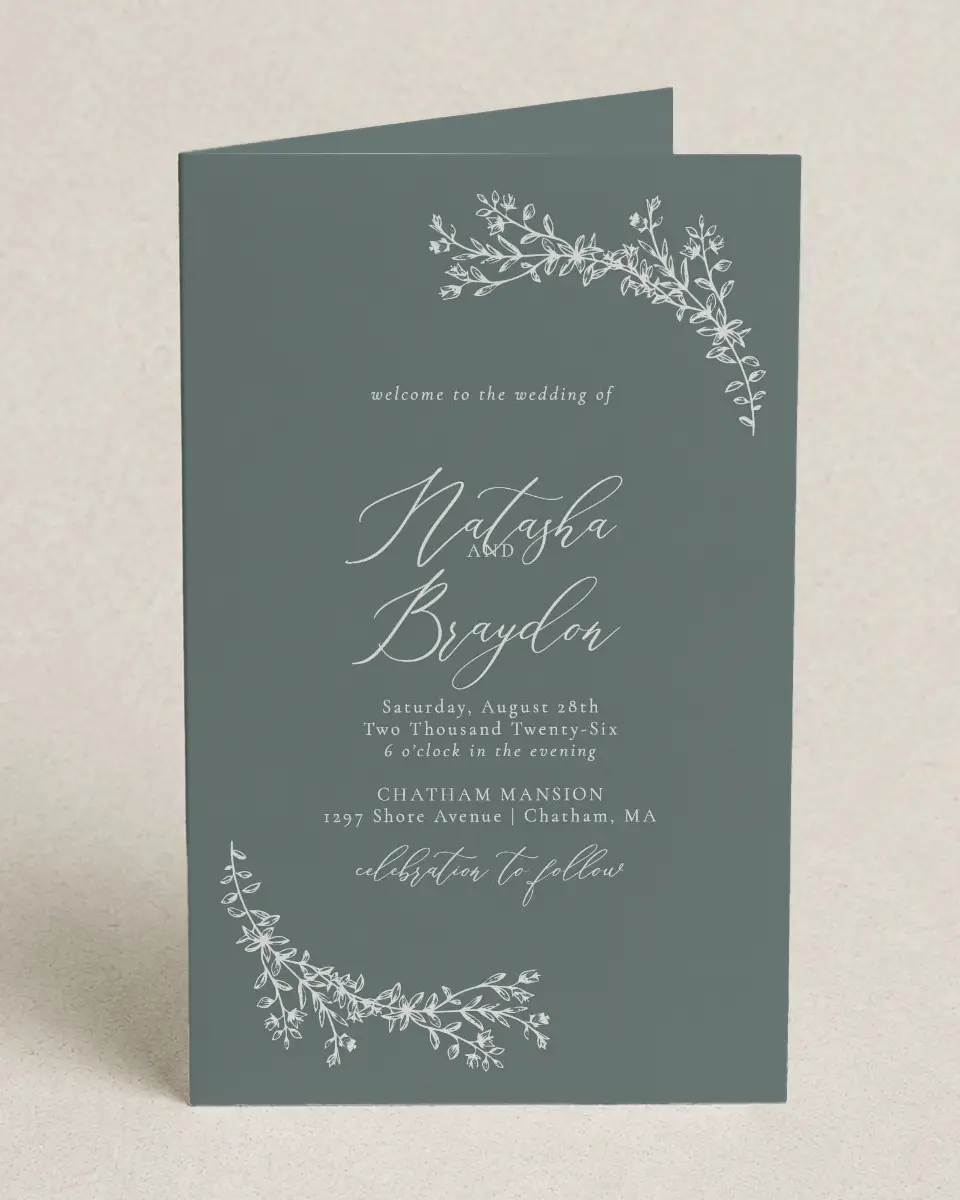 This is a 5" x 7⅞" Folded Half-fold Wedding Program called Timeless Order printed in full color on Premium Smooth paper