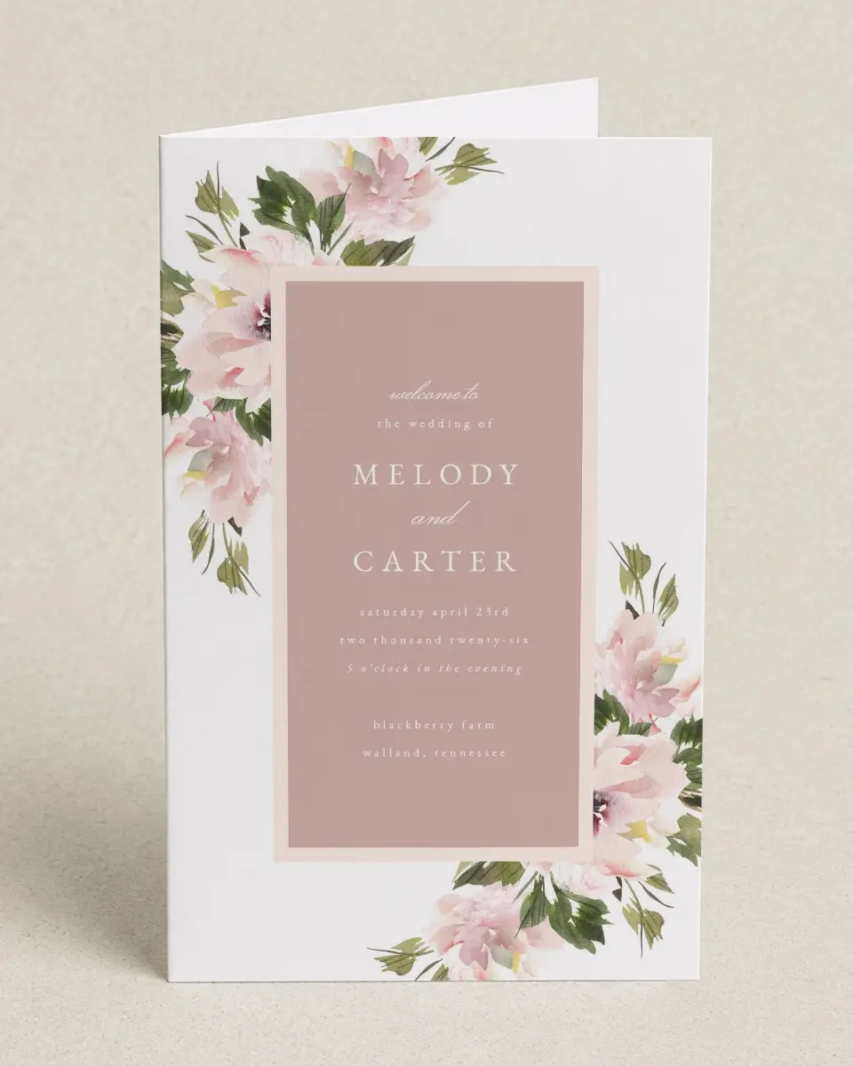 This is a 5" x 7⅞" Folded Half-fold Wedding Program called Sweet Floral printed in full color on Premium Smooth paper