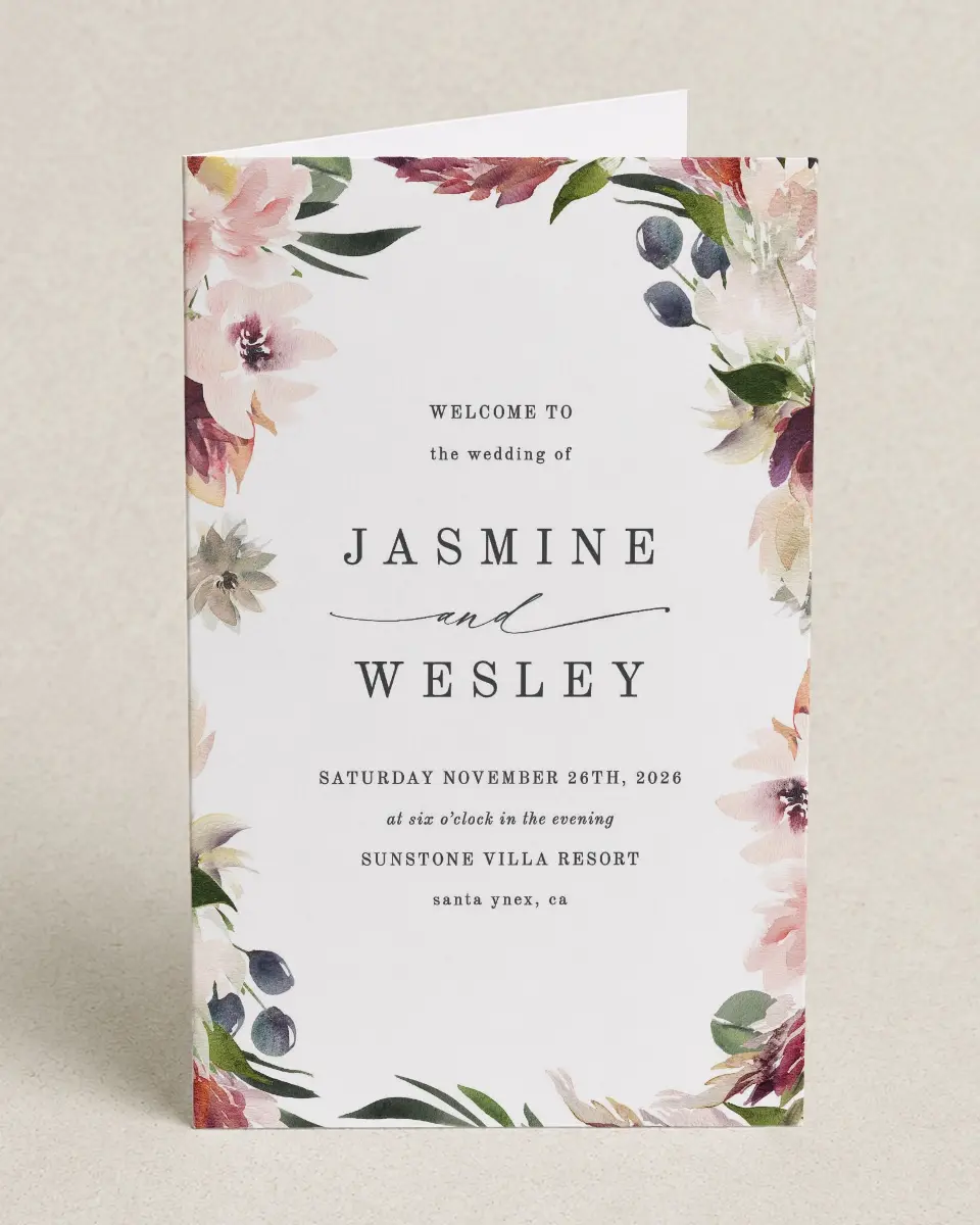 This is a 5" x 7⅞" Folded Half-fold Wedding Program called Natural Floral printed in full color on Premium Smooth paper
