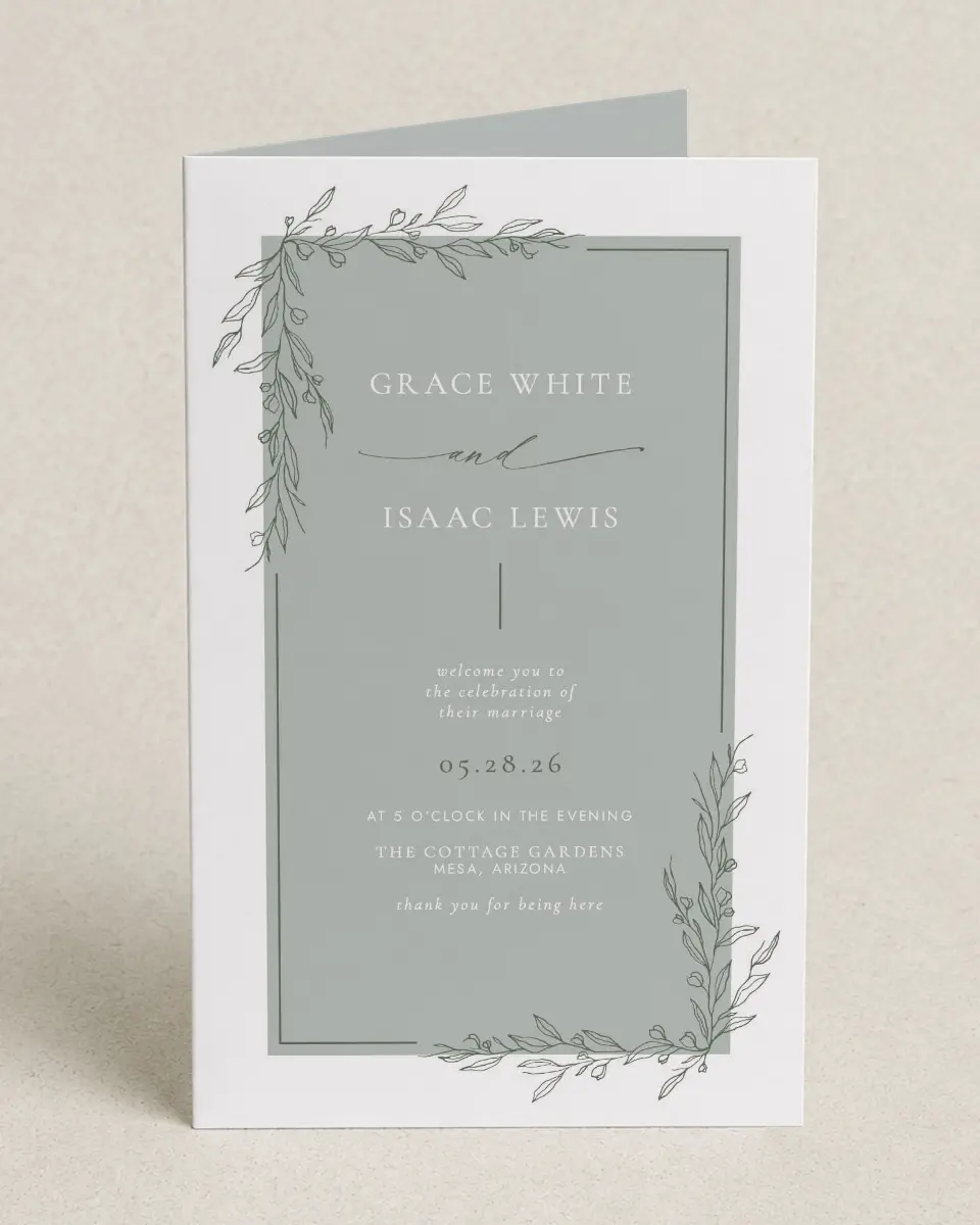 This is a 5" x 7⅞" Folded Half-fold Wedding Program called Sweet & Neat printed in full color on Premium Smooth paper