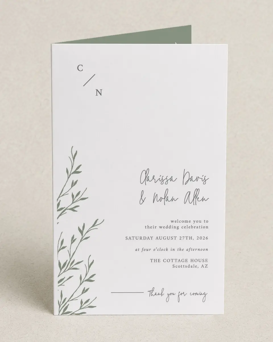 This is a 5" x 7⅞" Folded Half-fold Wedding Program called Bright Greens printed in full color on Premium Smooth paper