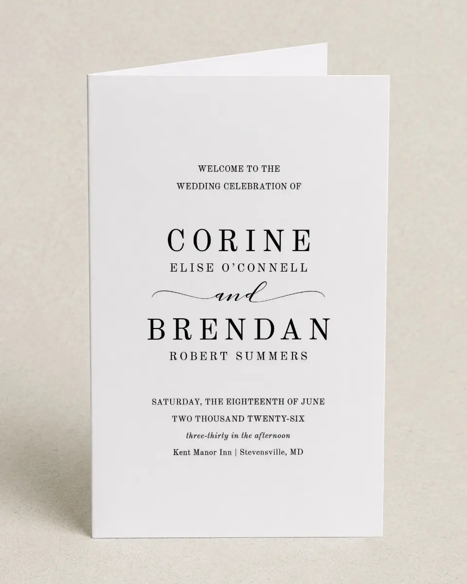 This is a 5" x 7⅞" Folded Half-fold Wedding Program called Classy Type printed in full color on Premium Smooth paper