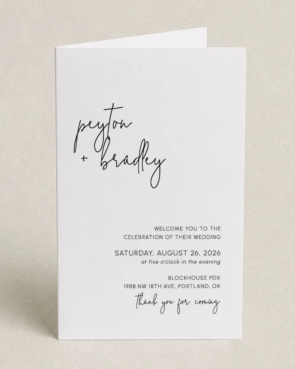 This is a 5" x 7⅞" Folded Half-fold Wedding Program called Mod Aesthetic printed in full color on Premium Smooth paper
