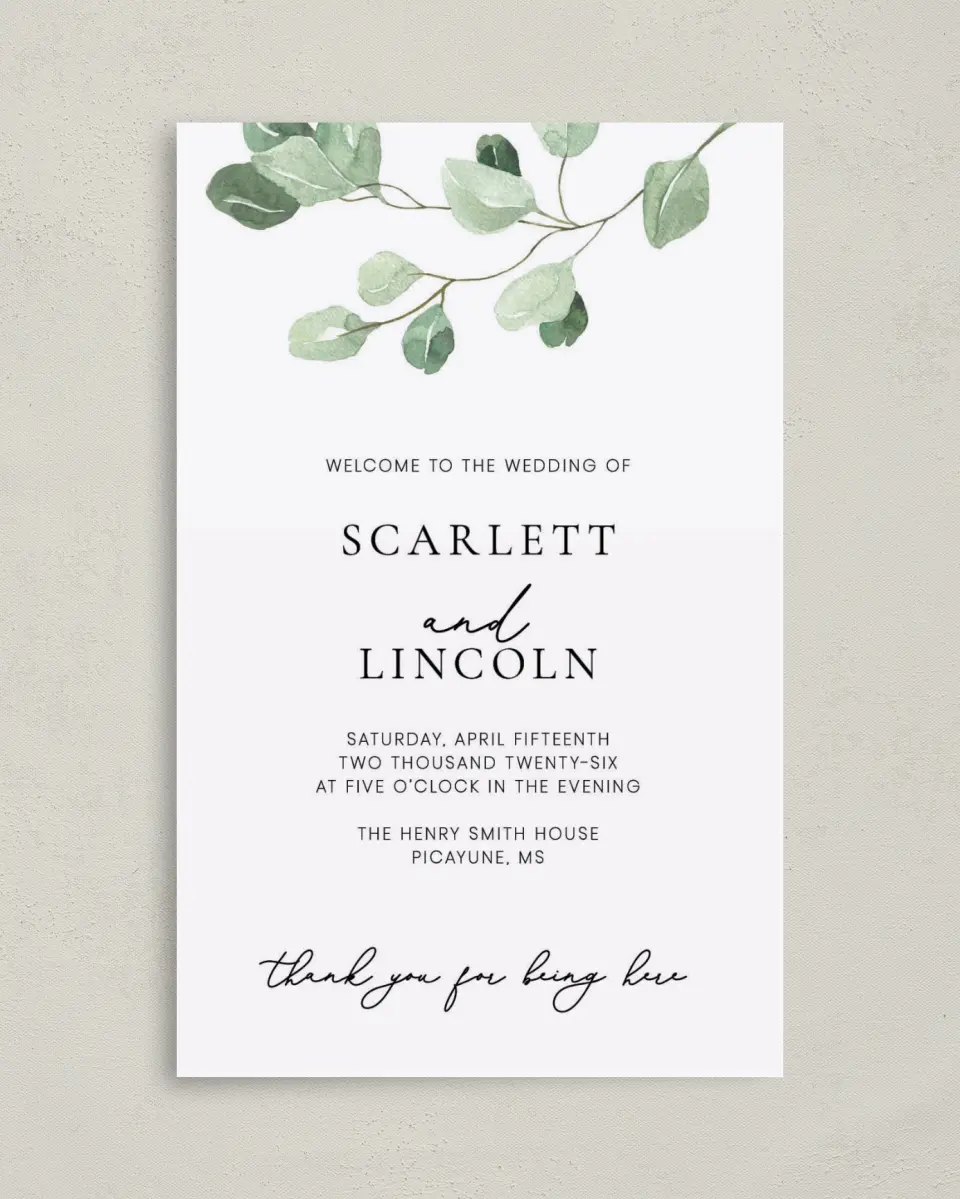 This is a 5" x 7⅞" Folded Half-fold Wedding Program called Sweet Greenery printed in full color on Premium Smooth paper