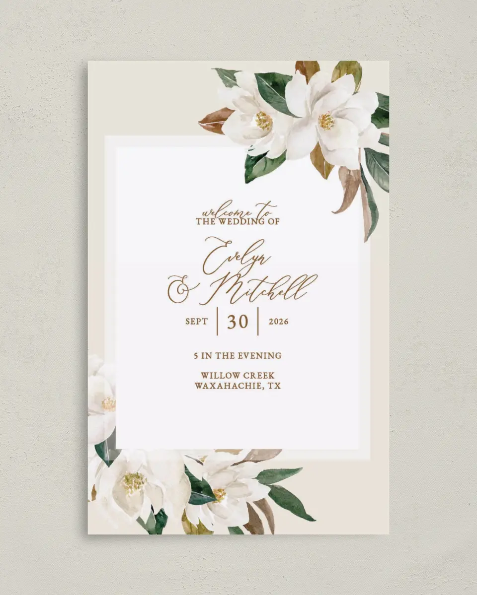 This is a 5" x 7⅞" Folded Half-fold Wedding Program called Soft Magnolia printed in full color on Premium Smooth paper