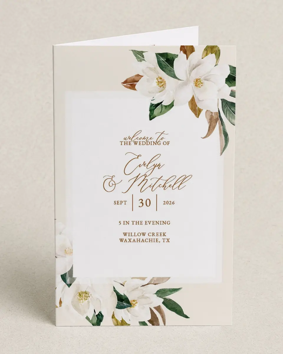 This is a 5" x 7⅞" Folded Half-fold Wedding Program called Soft Magnolia printed in full color on Premium Smooth paper