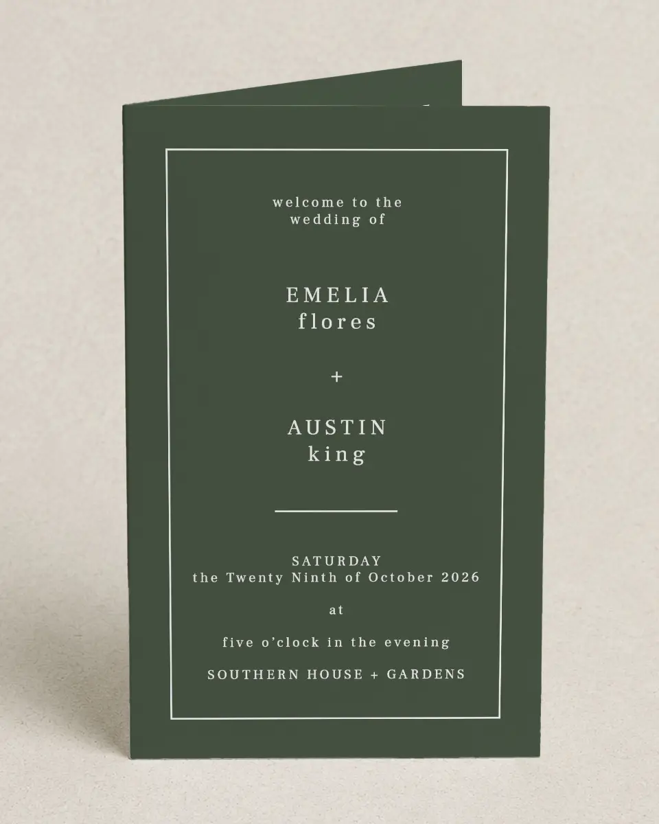This is a 5" x 7⅞" Folded Half-fold Wedding Program called Magnificent Margin printed in full color on Premium Smooth paper