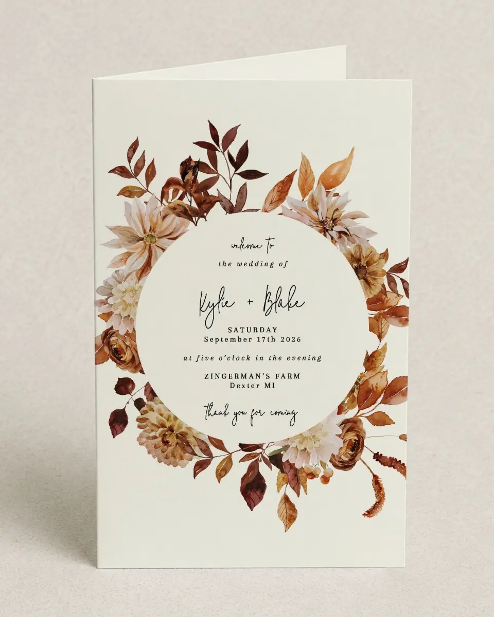 This is a 5" x 7⅞" Folded Half-fold Wedding Program called Country Blooms printed in full color on Premium Smooth paper