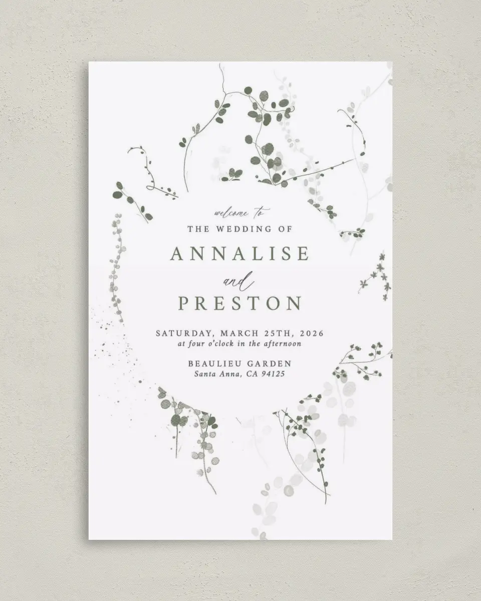 This is a 5" x 7⅞" Folded Half-fold Wedding Program called Fresh Tendrils printed in full color on Premium Smooth paper