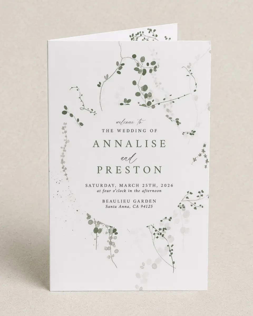 This is a 5" x 7⅞" Folded Half-fold Wedding Program called Fresh Tendrils printed in full color on Premium Smooth paper