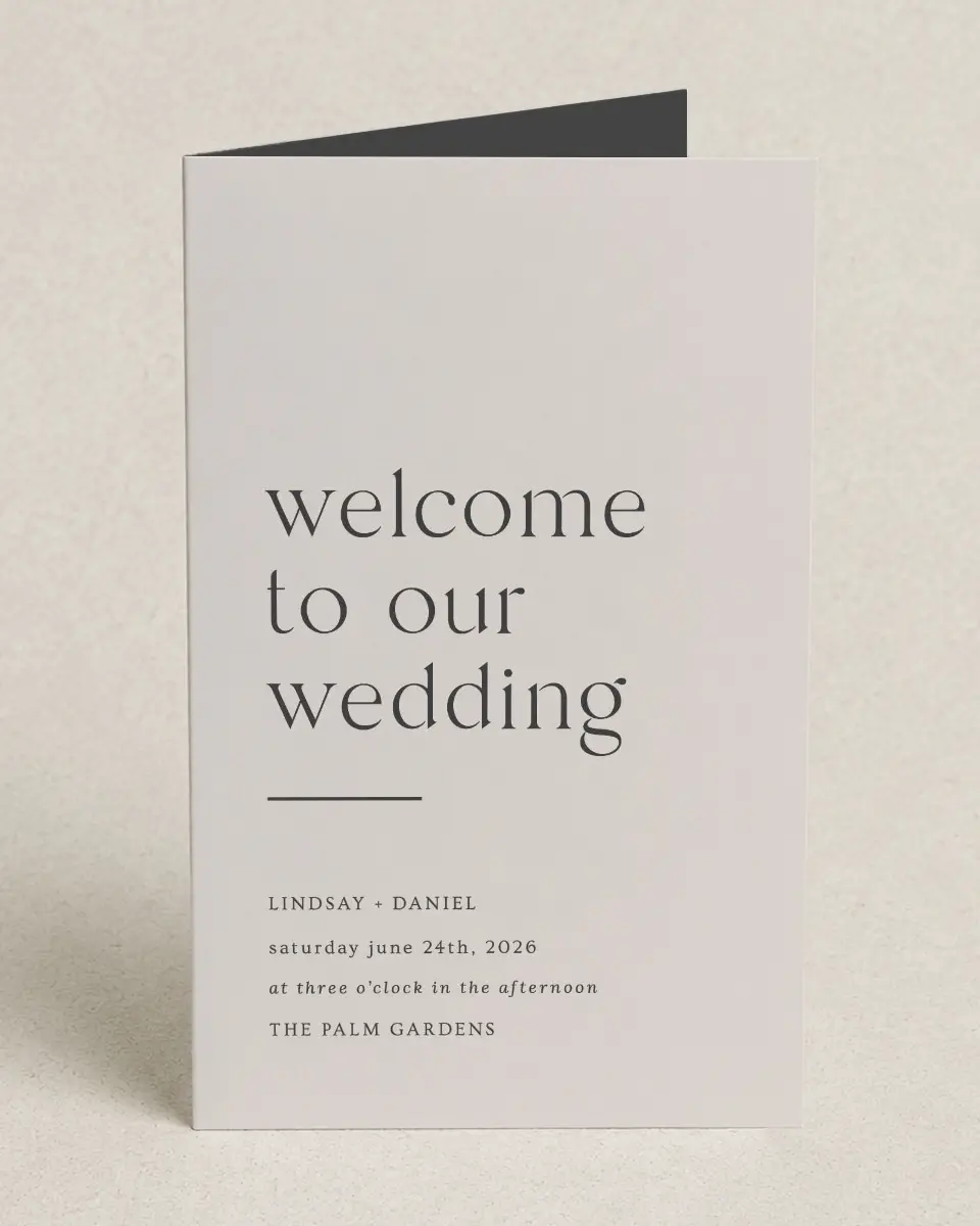 This is a 5" x 7⅞" Folded Half-fold Wedding Program called Simple Gathering printed in full color on Premium Smooth paper