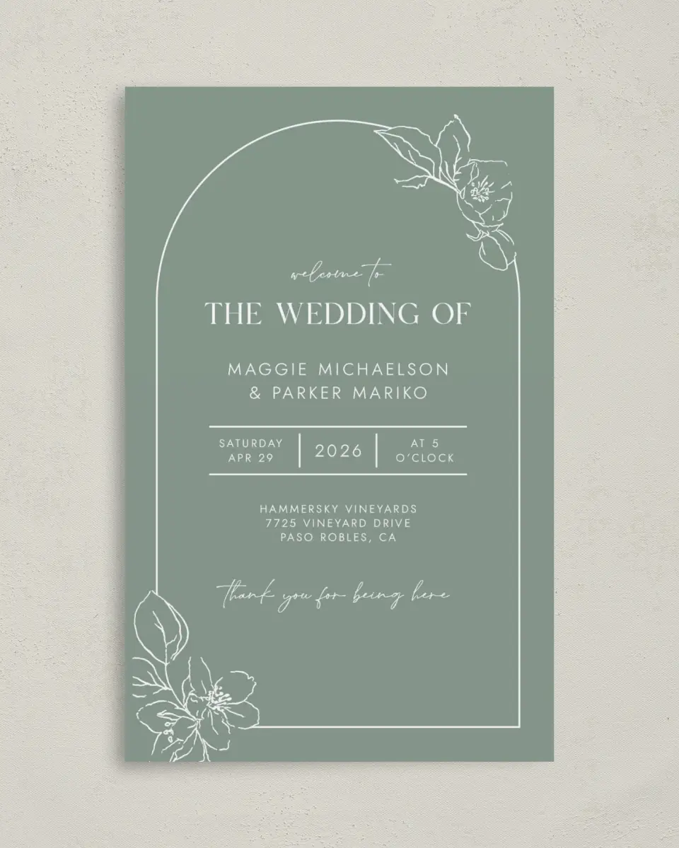 This is a 5" x 7⅞" Folded Half-fold Wedding Program called Blossoming Arch printed in full color on Premium Smooth paper