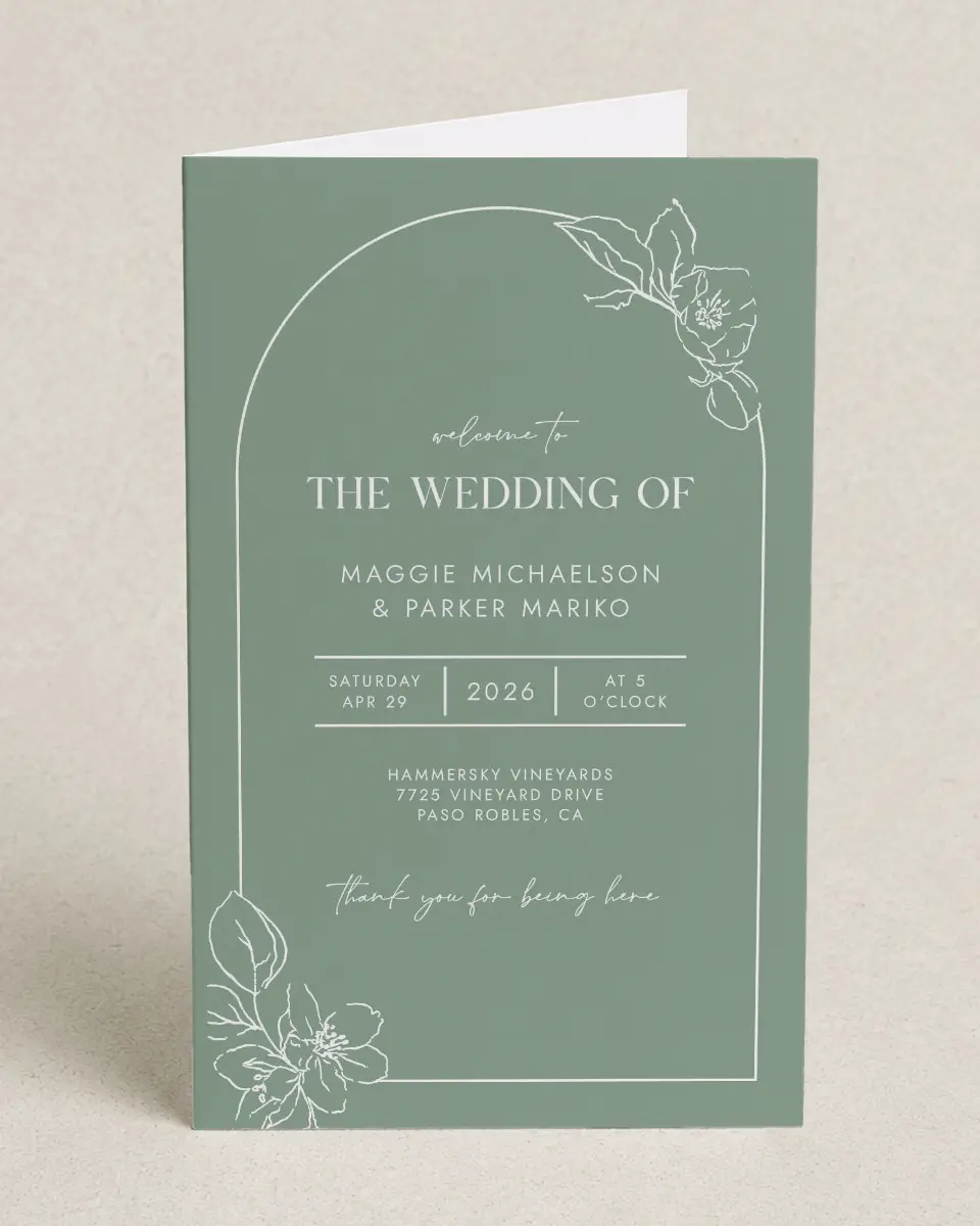 This is a 5" x 7⅞" Folded Half-fold Wedding Program called Blossoming Arch printed in full color on Premium Smooth paper