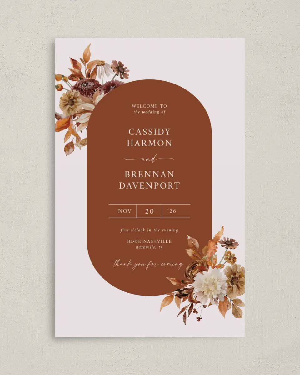This is a 5" x 7⅞" Folded Half-fold Wedding Program called Autumn Florals printed in full color with Gold foil on Luxe Satin (coated) paper