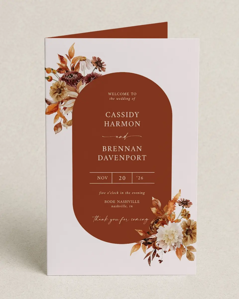 This is a 5" x 7⅞" Folded Half-fold Wedding Program called Autumn Florals printed in full color on Premium Smooth paper
