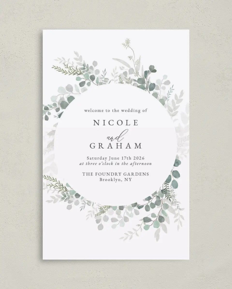 This is a 5" x 7⅞" Folded Half-fold Wedding Program called Elegant Greenery printed in full color with Rose Gold foil on Luxe Satin (coated) paper