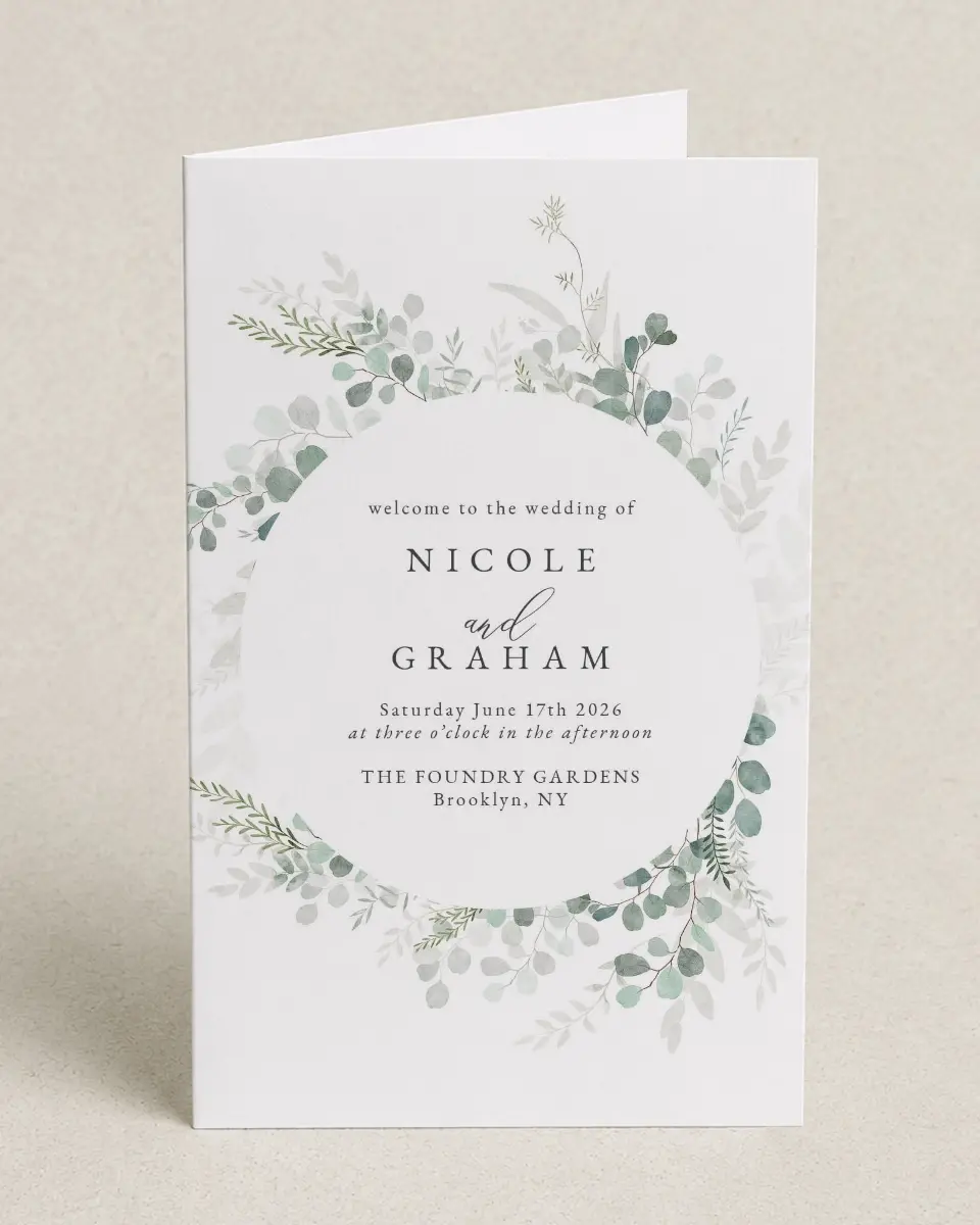 This is a 5" x 7⅞" Folded Half-fold Wedding Program called Elegant Greenery printed in full color on Premium Smooth paper