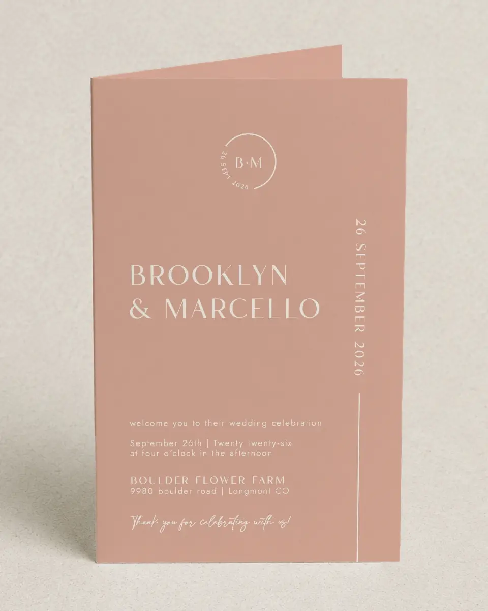 This is a 5" x 7⅞" Folded Half-fold Wedding Program called The Brooklyn printed in full color on Premium Smooth paper