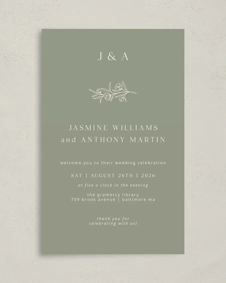 This is a 5" x 7⅞" Folded Half-fold Wedding Program called The Jasmine printed in full color on Premium Smooth paper
