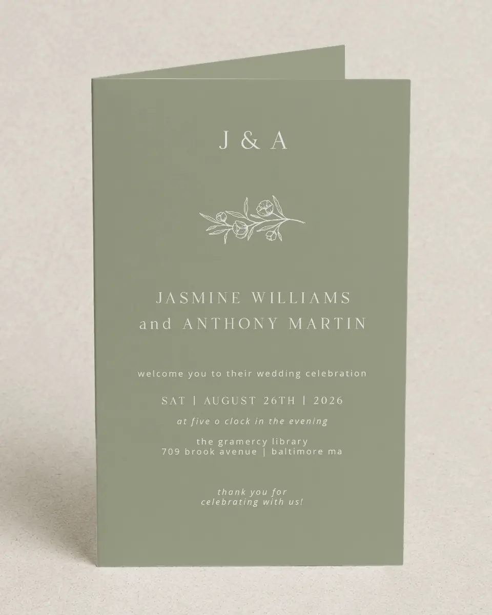 This is a 5" x 7⅞" Folded Half-fold Wedding Program called The Jasmine printed in full color on Premium Smooth paper