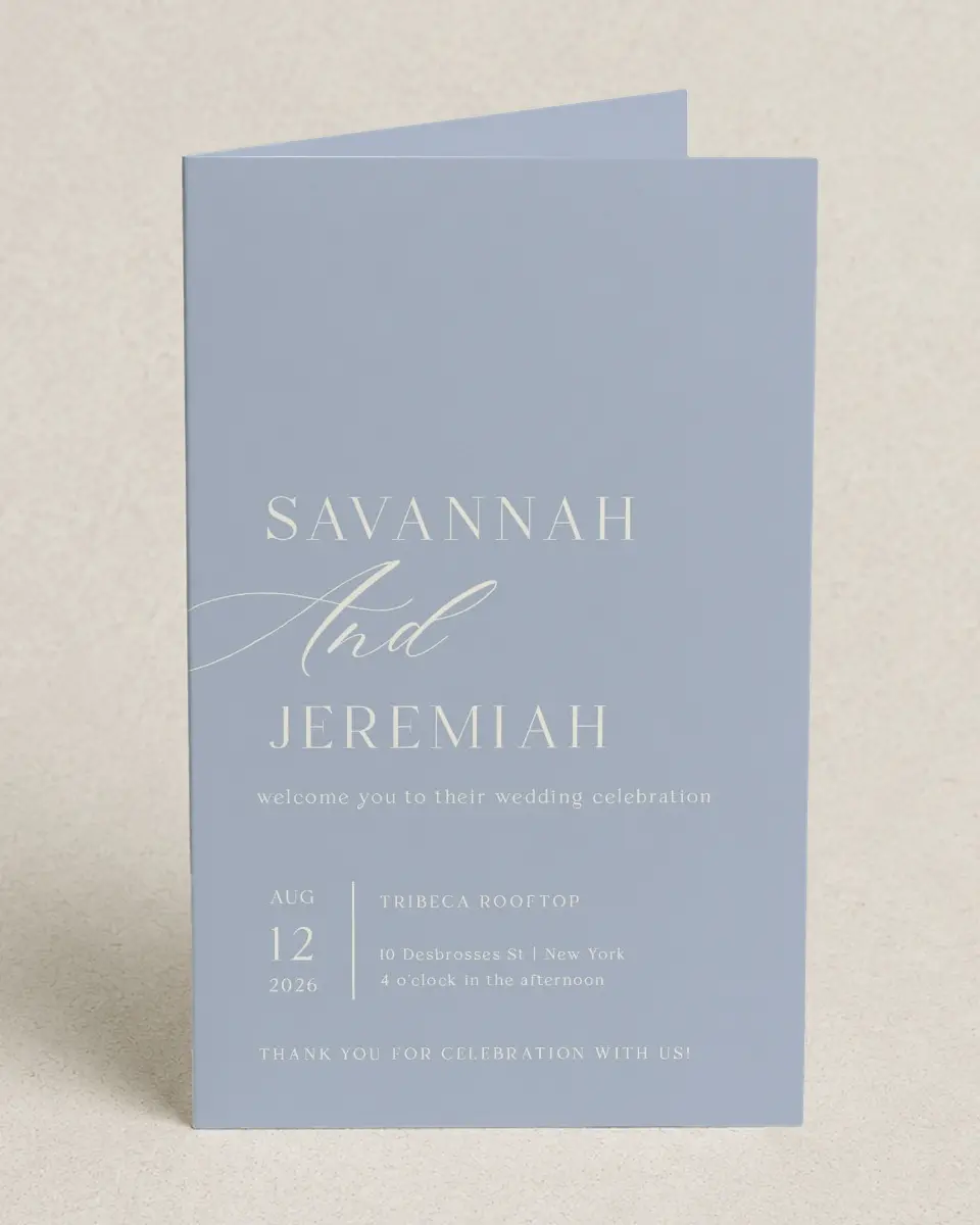 This is a 5" x 7⅞" Folded Half-fold Wedding Program called The Savannah printed in full color with Gold foil on Luxe Satin (coated) paper