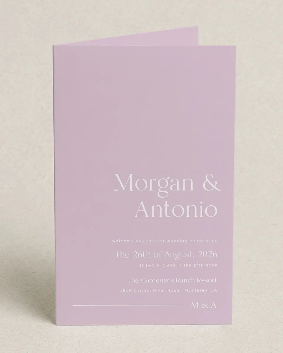 This is a 5" x 7⅞" Folded Half-fold Wedding Program called The Morgan printed in full color on Premium Smooth paper