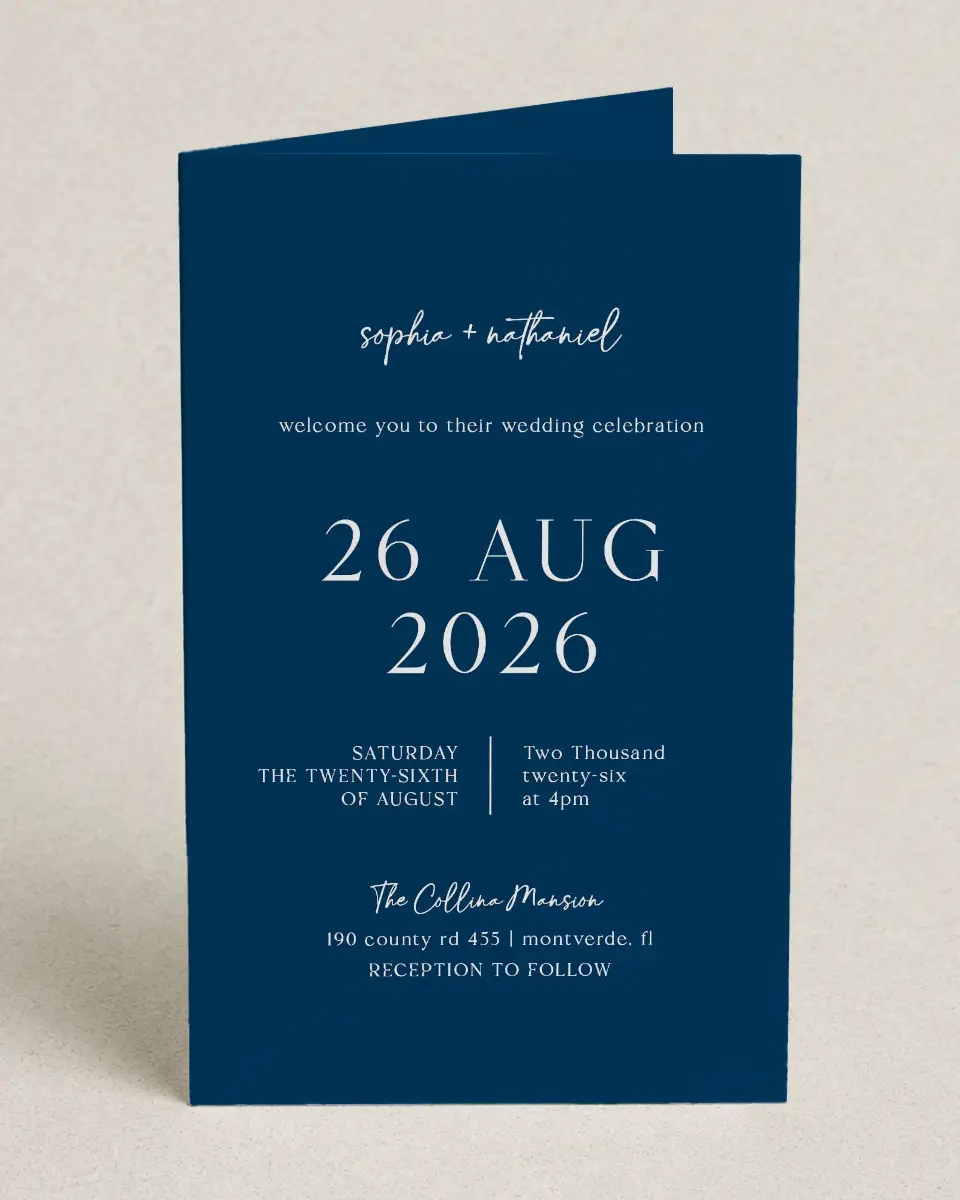This is a 5" x 7⅞" Folded Half-fold Wedding Program called The Sophia printed in full color on Premium Smooth paper